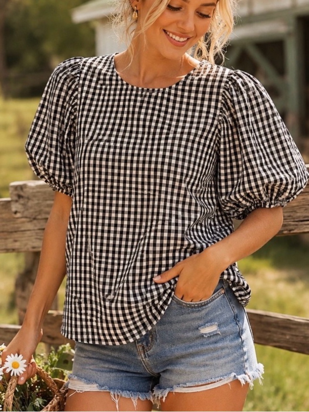 AWARE by Vero Moda Gingham Voluminous Puff-Sleeve Top - Black & White NWOT Sz S